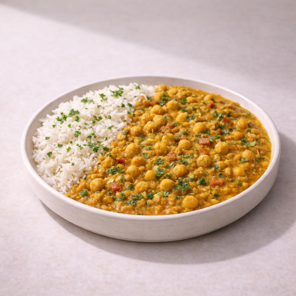 Curry de pois chiches servi avec du riz