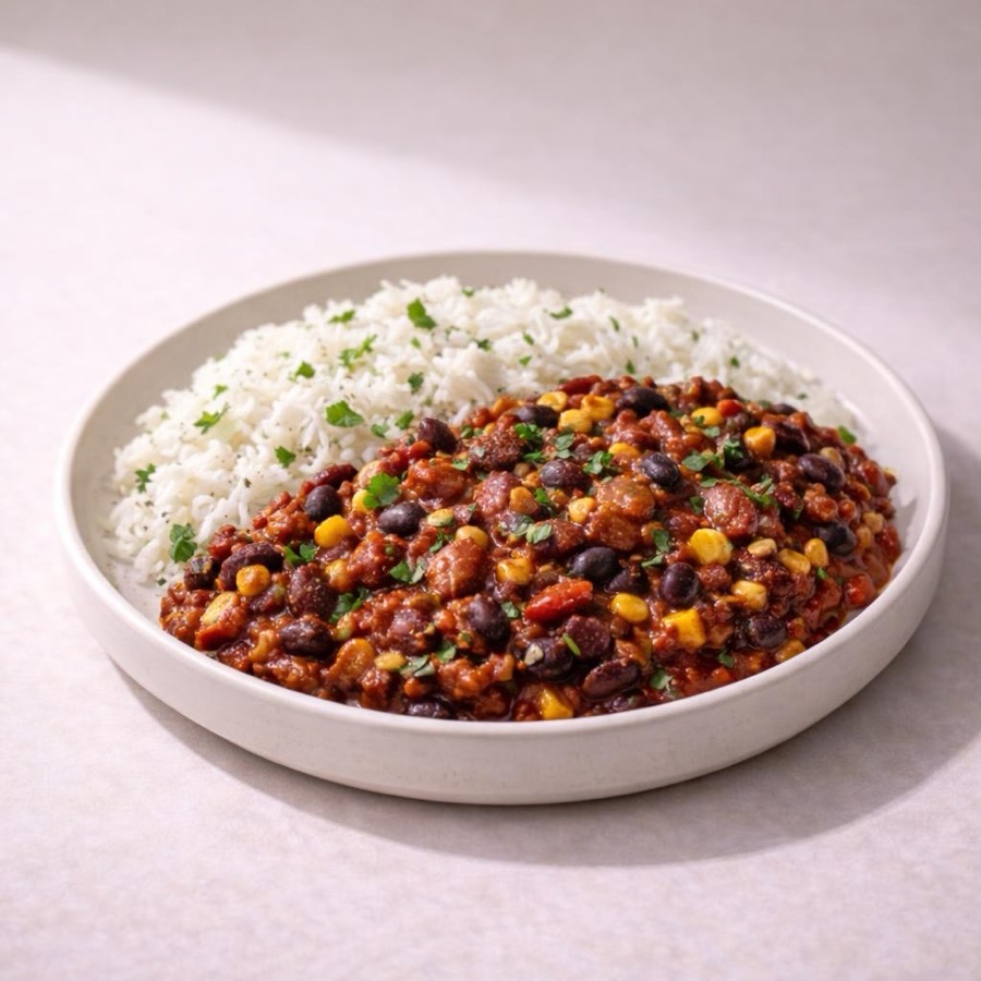 Chili sin carne servi avec du riz