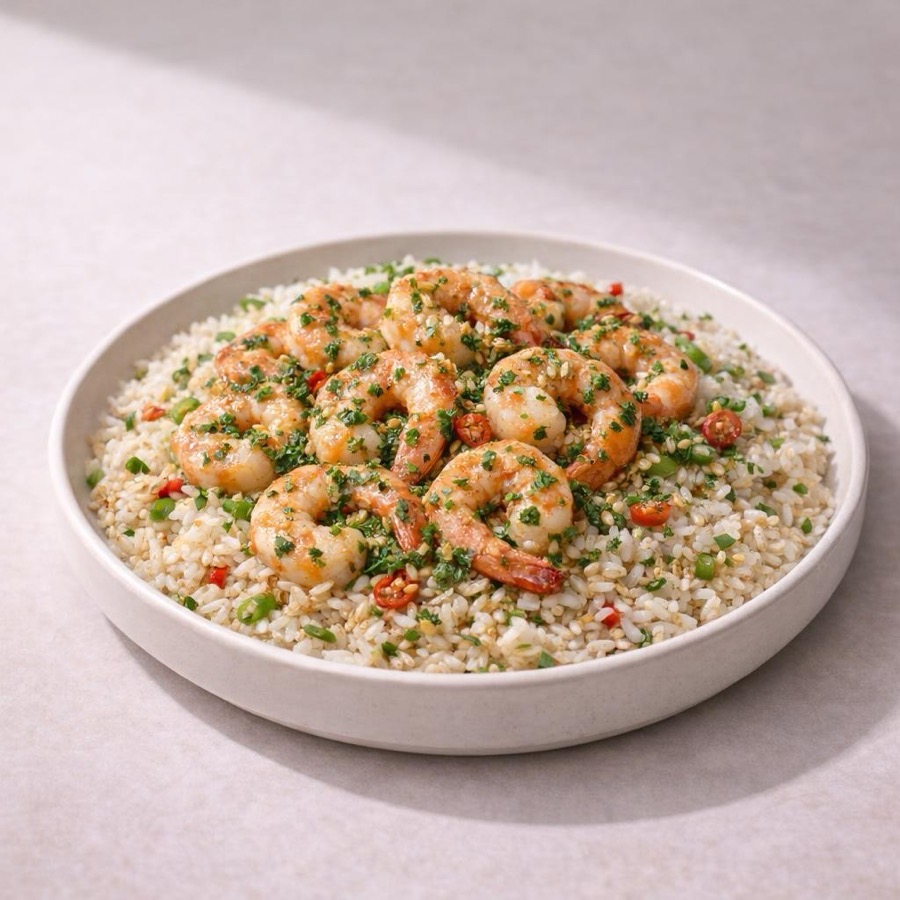 Crevettes à l’ail persillé et riz asiatique