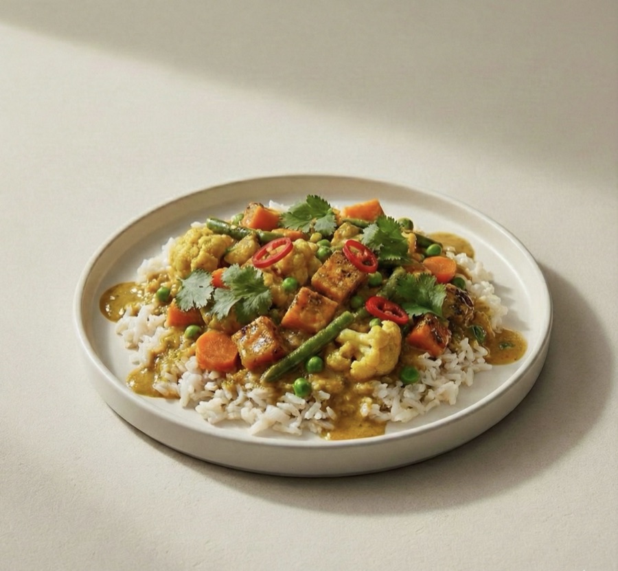 Curry de légumes au lait de coco et riz