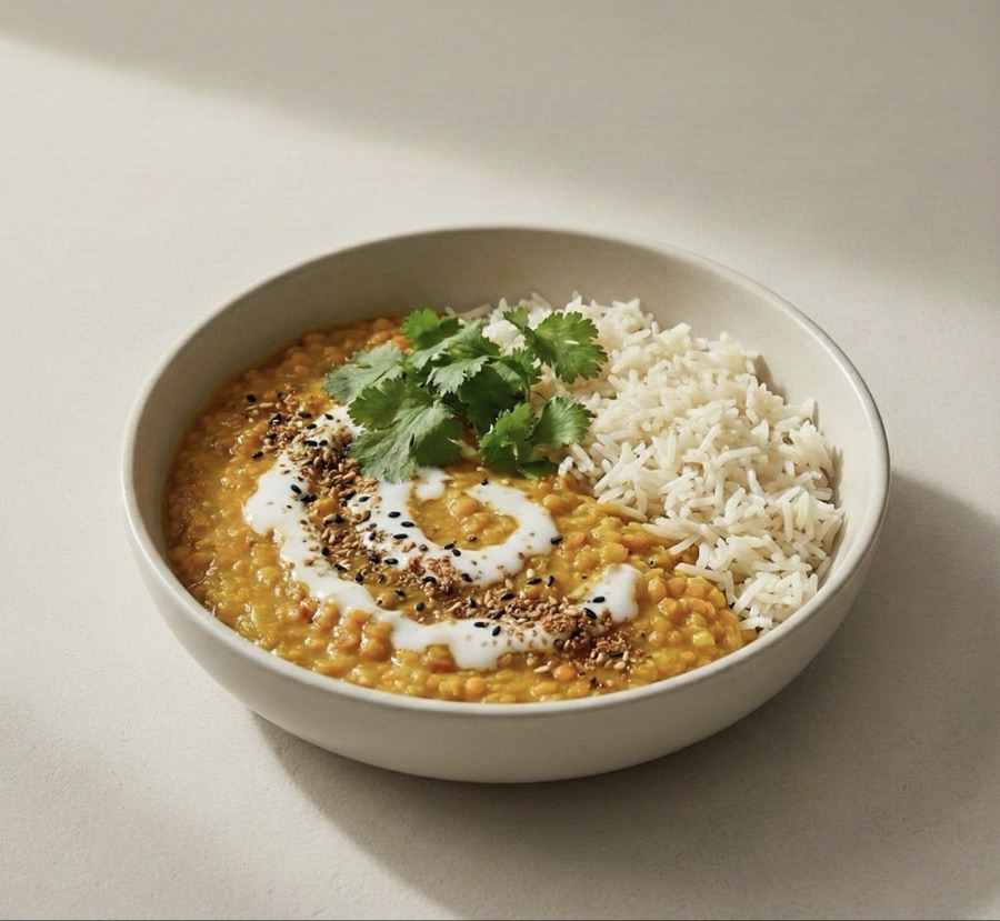 Dahl de lentilles corail servi avec du riz