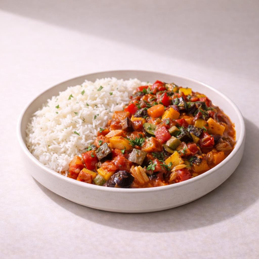 Ratatouille et riz dans la même assiette