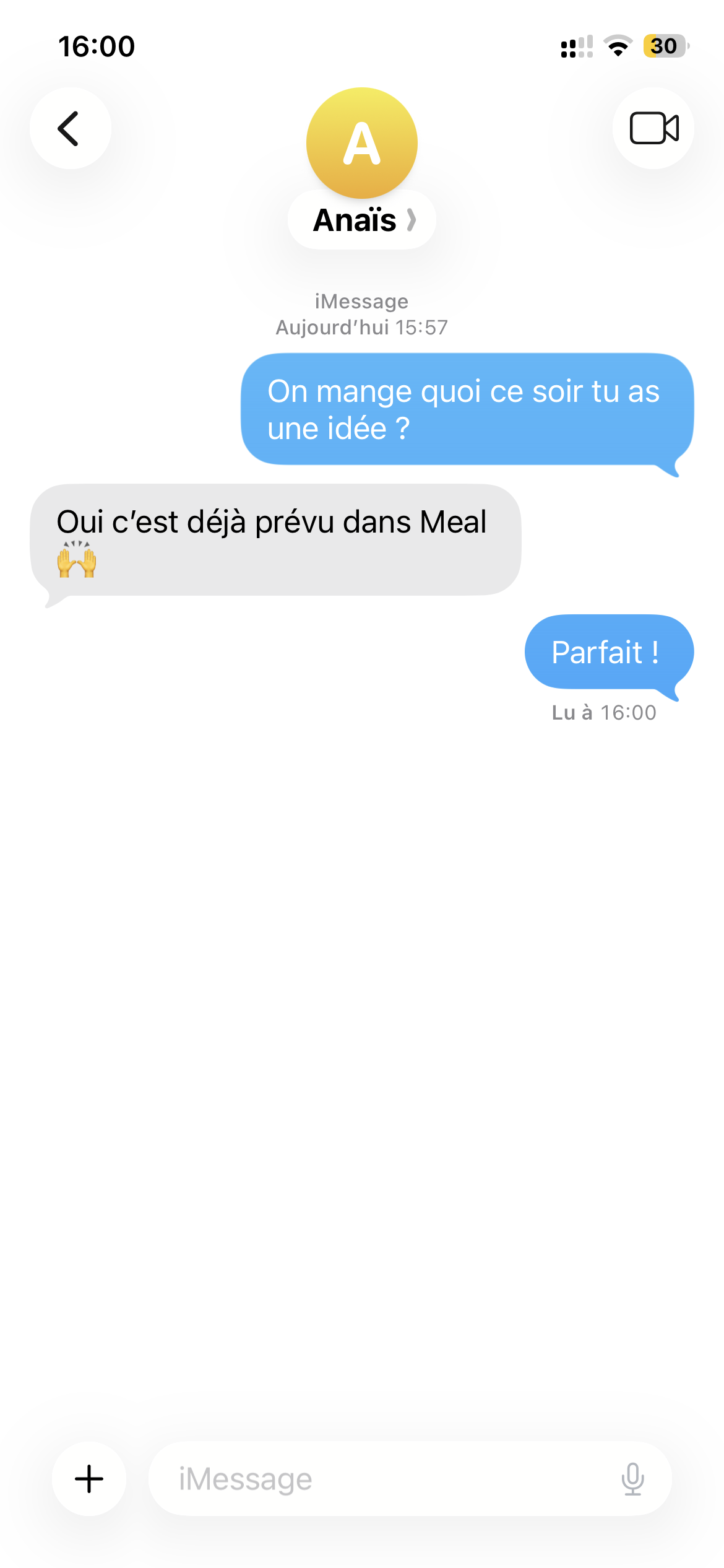 Conversation iMessage avec Meal