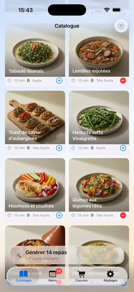 Écran Catalogue : recettes maison