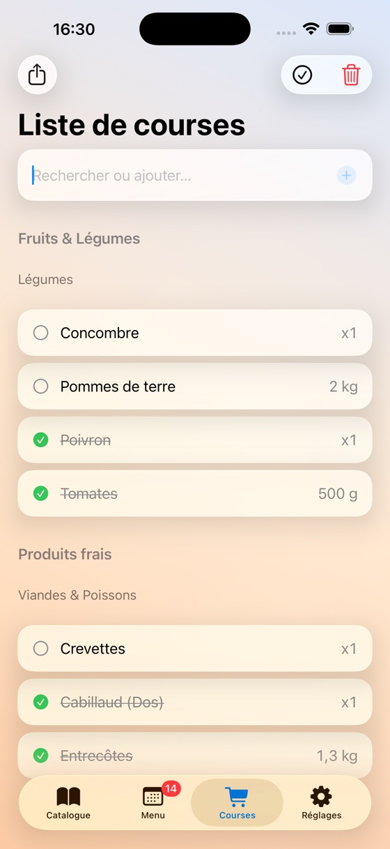 Écran Liste de courses, articles regroupés par catégorie