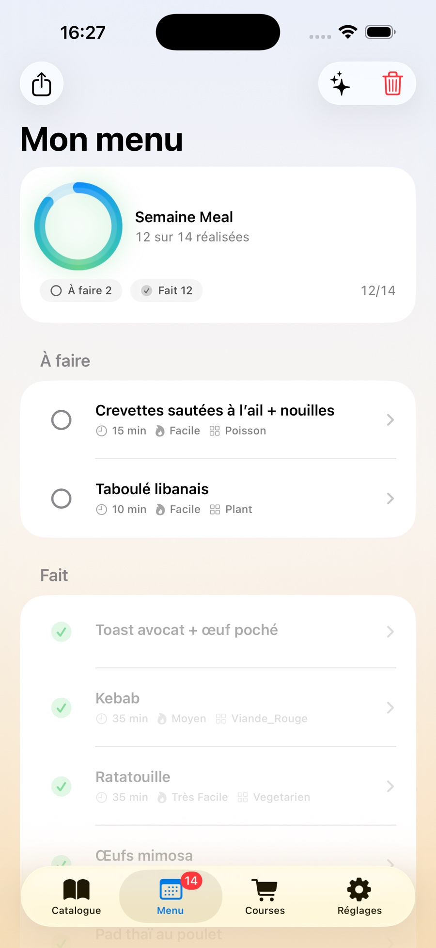 Mon menu de la semaine sur iPhone Meal